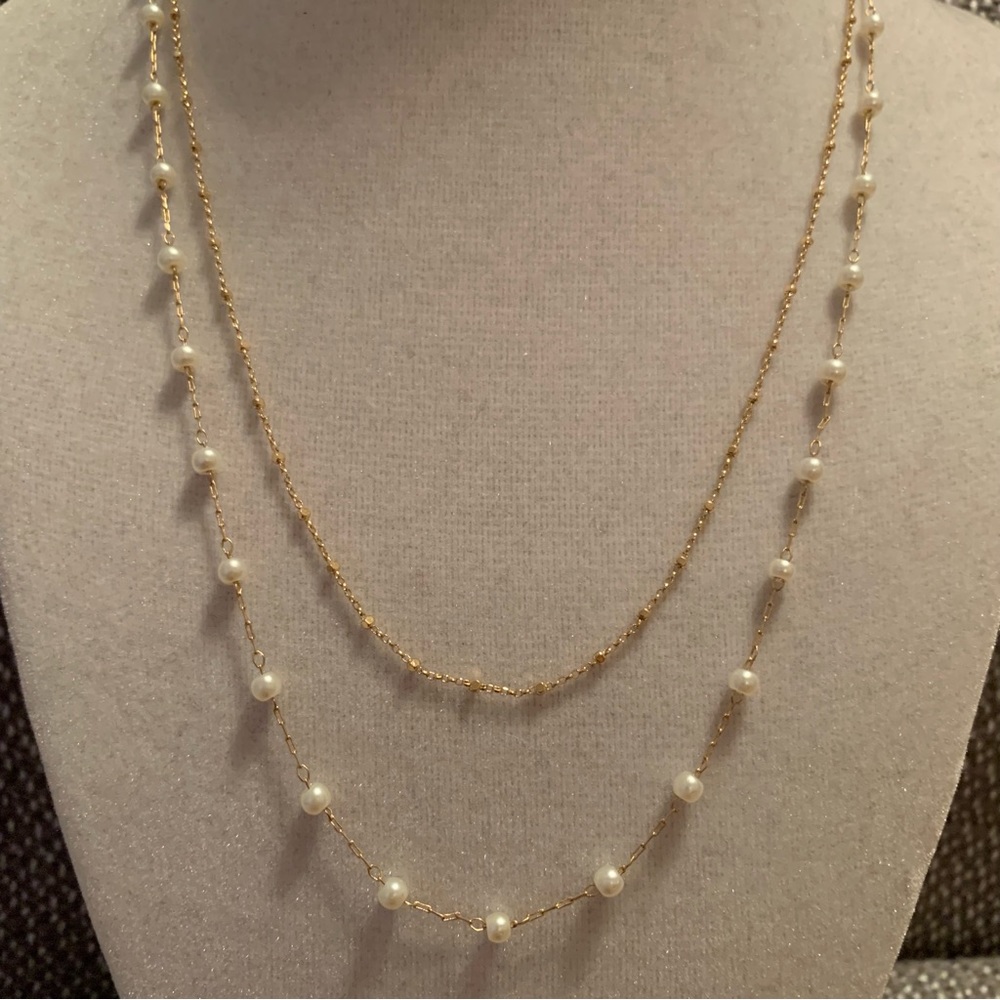 Gold Tone Pearl-Like Layered Necklace - Picture 2 of 4